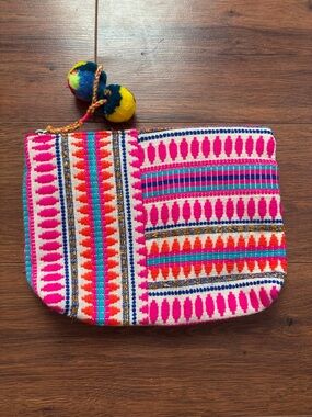 Cost Plus World Market Pink Multi-Stripe Embroidered Clutch with Pom Poms